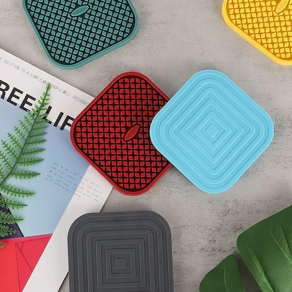 Silicone Coasters with Holder [6 Pack] Square Drink Cup Mat - Non-Slip, Non-Stick, Stay Put, Deep Tray - Prevents Furniture and Tabletop Damages Black