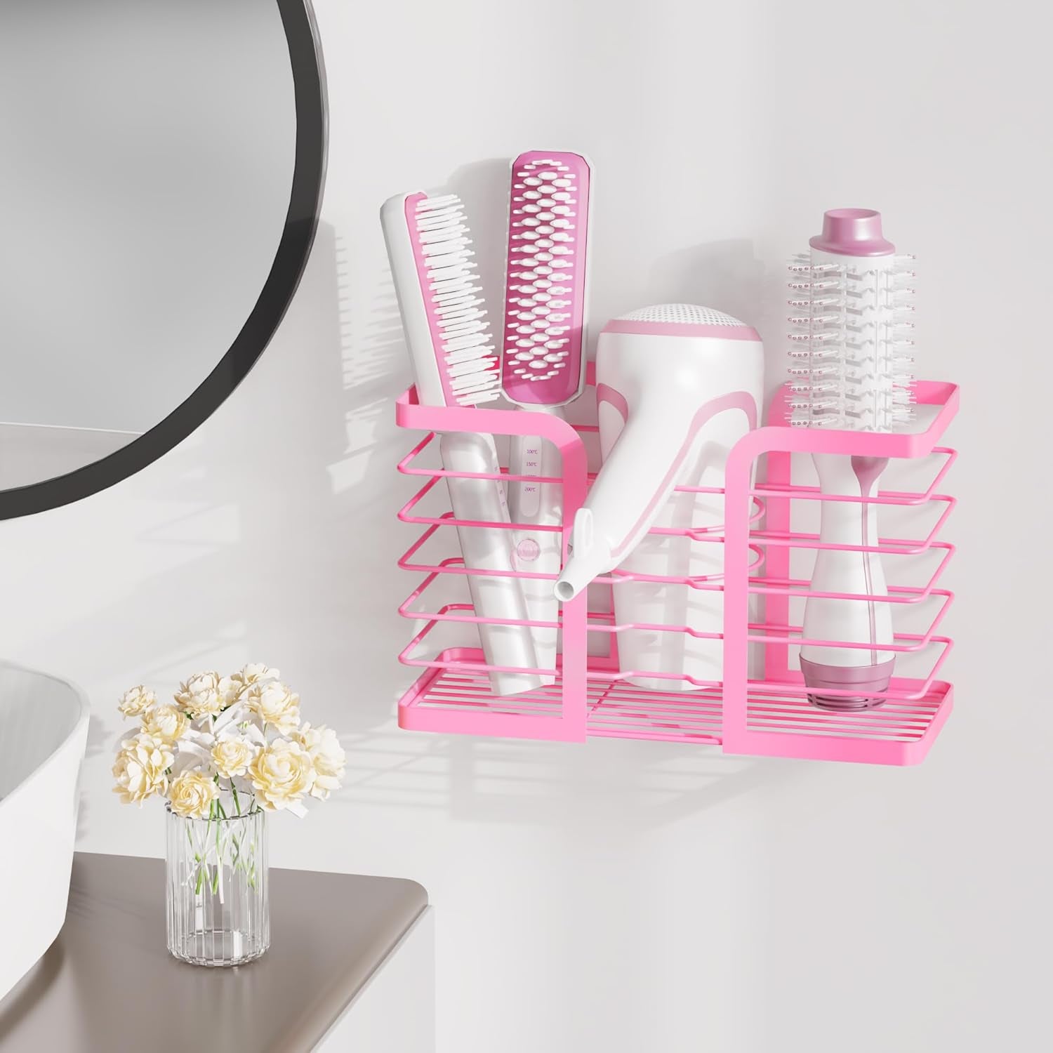 Pink Hair Dryer Holder - 3-Section Organizer for Hair Tools, Wall-Mounted/Cabinet Door Straightener Holder, Adjustable Height Metal Dryer and Curling Iron Organizer