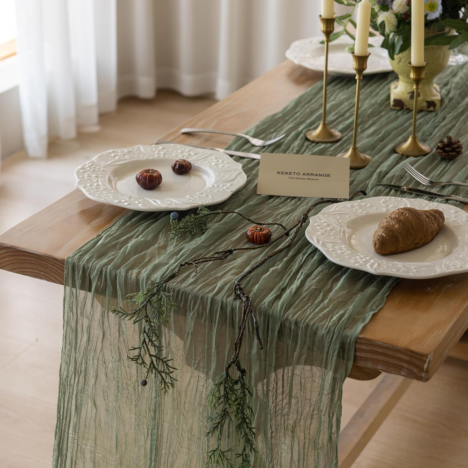 Sage Green Table Runner Sheer Table Runner French Country Décor Rustic Gauze Bali Yarn Cheesecloth 120 Inch 10 FT Cheese Cloth for Wedding Baby Bridal Shower Party Home Decorations