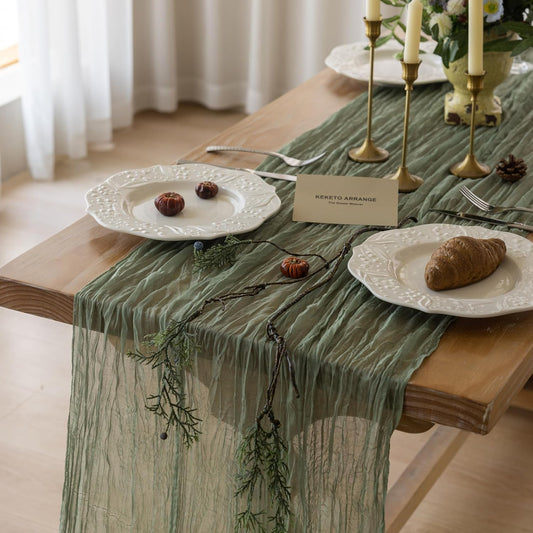 Sage Green Table Runner Sheer Table Runner French Country Décor Rustic Gauze Bali Yarn Cheesecloth 120 Inch 10 FT Cheese Cloth for Wedding Baby Bridal Shower Party Home Decorations