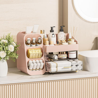 Makeup Organizer with Drawers for Vanity, Spacious Cosmetic Display Case with Makeup Brush Holder, Perfect Vanity Bathroom Organizer and Storage Solution for Skincare & Beauty Essentials, Pink