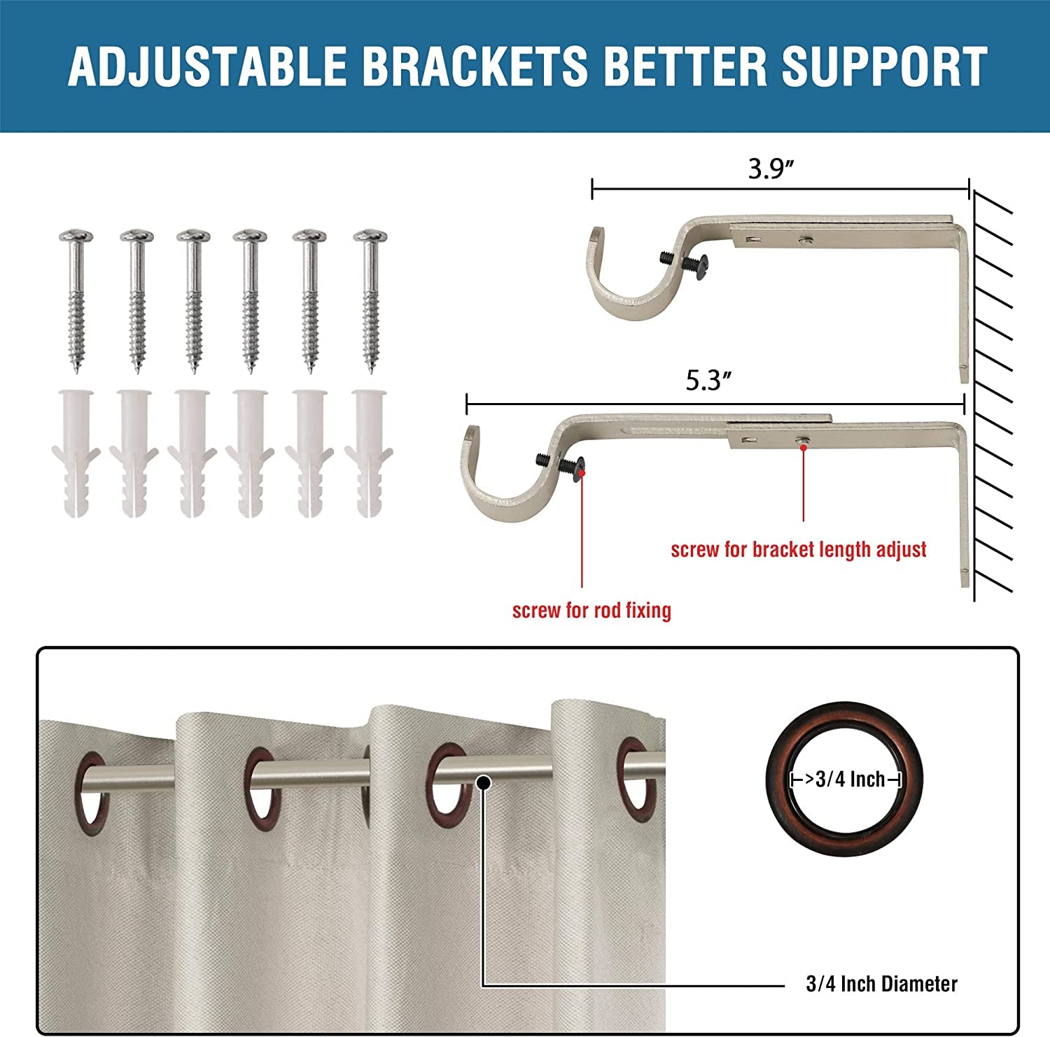 Window Curtain Rods for Windows 30 to 48 Inches Splicing Adjustable 3/4 Inch Diameter Single Window Curtain Rod Set with Cylindrical Finials, Nickel