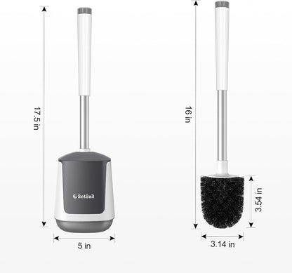 Toilet Brush and Holder, Self Closing Lid Toilet Bowl Brushes Holder and Extra Long Handle Ventilated Toilet Brush Set for Bathroom Cleaning, Nylon Bristles, White & Grey