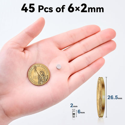 45 Pcs Refrigerator Magnets, 6X2Mm Small round Fridge Magnets, Multi-Use Premium Neodymium Office Magnets for Fridge, Whiteboard, Billboard in Home, Kitchen, Office and School (Silver)