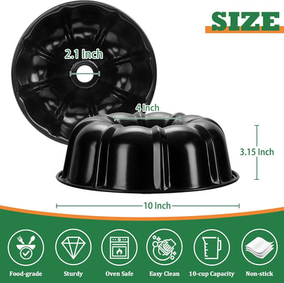 10 Inch Black Non-Stick Cake Pan, Carbon Steel Fluted Tube round Baking Pan for Pound Cake, 10-Cup Large Capacity Bakeware, Healthy & Heavy Duty, 1 Piece