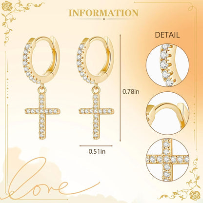 Mother'S Day Gold Hoop Earrings for Women 14K Gold Plated Huggie Hoop Earring Diamond Cut Cubic Zirconia Cross Earrings Hypoallergenic Dangle Earrings Jewelry Gift for Girls and Ladies (Cross-Gold)