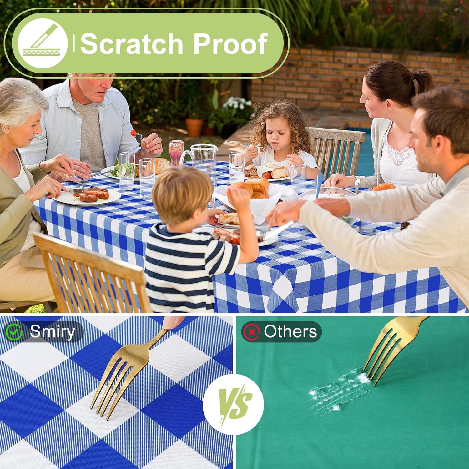 Waterproof Vinyl Rectangle Tablecloth with Flannel Backing, Wipeable Buffalo Plaid Design for Indoor and Outdoor Dining, Blue & White, 60" x 84