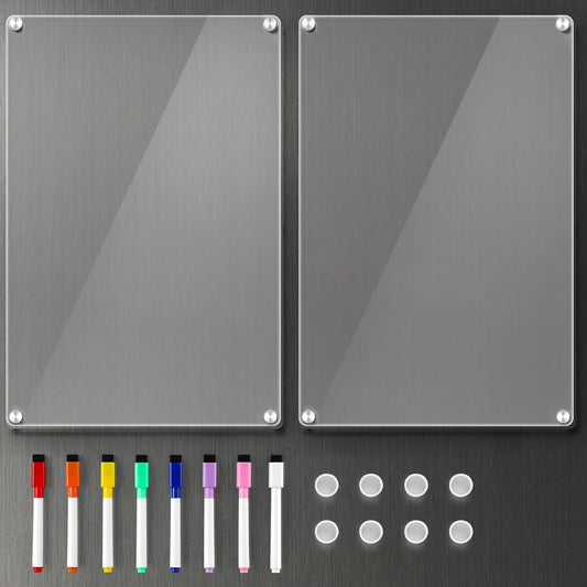 2 Pack 12''*8'' Acrylic Magnetic Whiteboard for Fridge, Clear Dry Erase Menu Board for Refrigerator with 8 Markers, Magnetic Planning Board for to Do List/Shopping List, Meal Planner for Kitchen