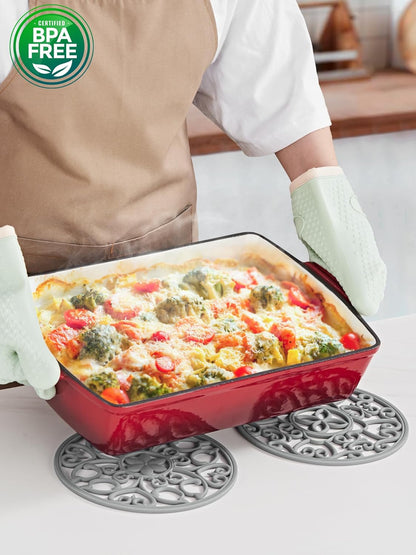 3 Set Silicone Trivet Mats, Multi-Use Carved Trivet Mat, Insulated Non-Slip Durable Kitchen Mats, Flexible Modern Kitchen Table Mat, for Hot Dishes, Pots, Dining Countertop, Grey, STM413H