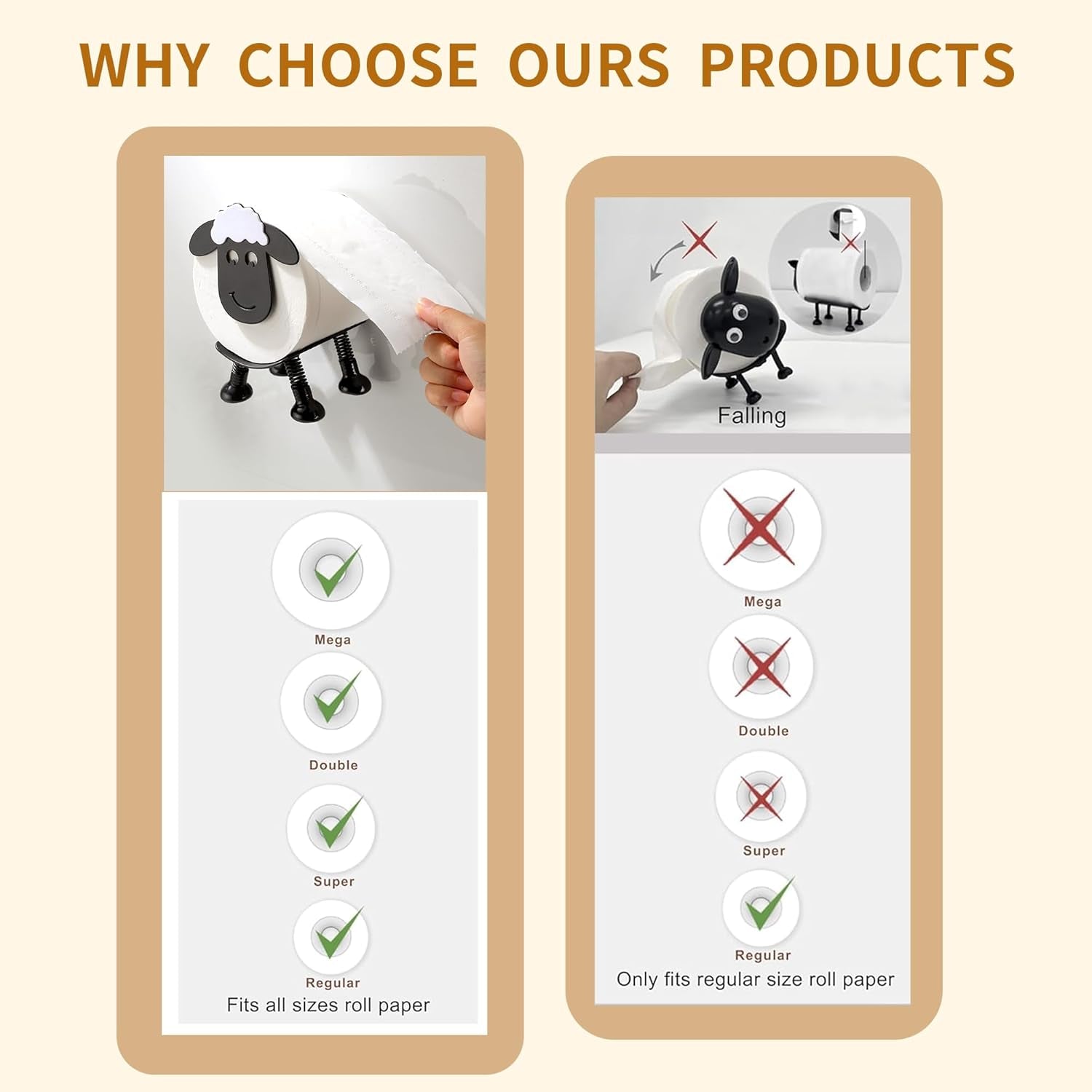 2-Pack Sheep Toilet Paper Holder - Multifunctional 2-in-1 Adhesive Stainless Steel Bathroom and Kitchen Roll Holder in Matte Black, Ideal for Housewarming Gifts and Decorative Use