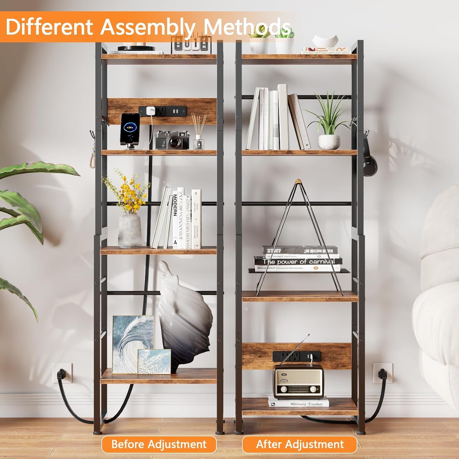 Book Shelf, 4 Tier Bookshelf with Charging Station, Industrial Small Bookcase Set of 2, Display Shelf, Stackable Book Storage Shelves for Bedroom/Living Room/Home Office, Rustic Brown