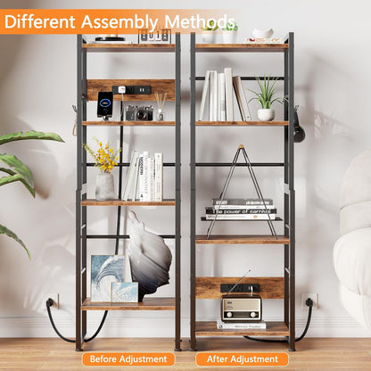 Book Shelf, 4 Tier Bookshelf with Charging Station, Industrial Small Bookcase Set of 2, Display Shelf, Stackable Book Storage Shelves for Bedroom/Living Room/Home Office, Rustic Brown