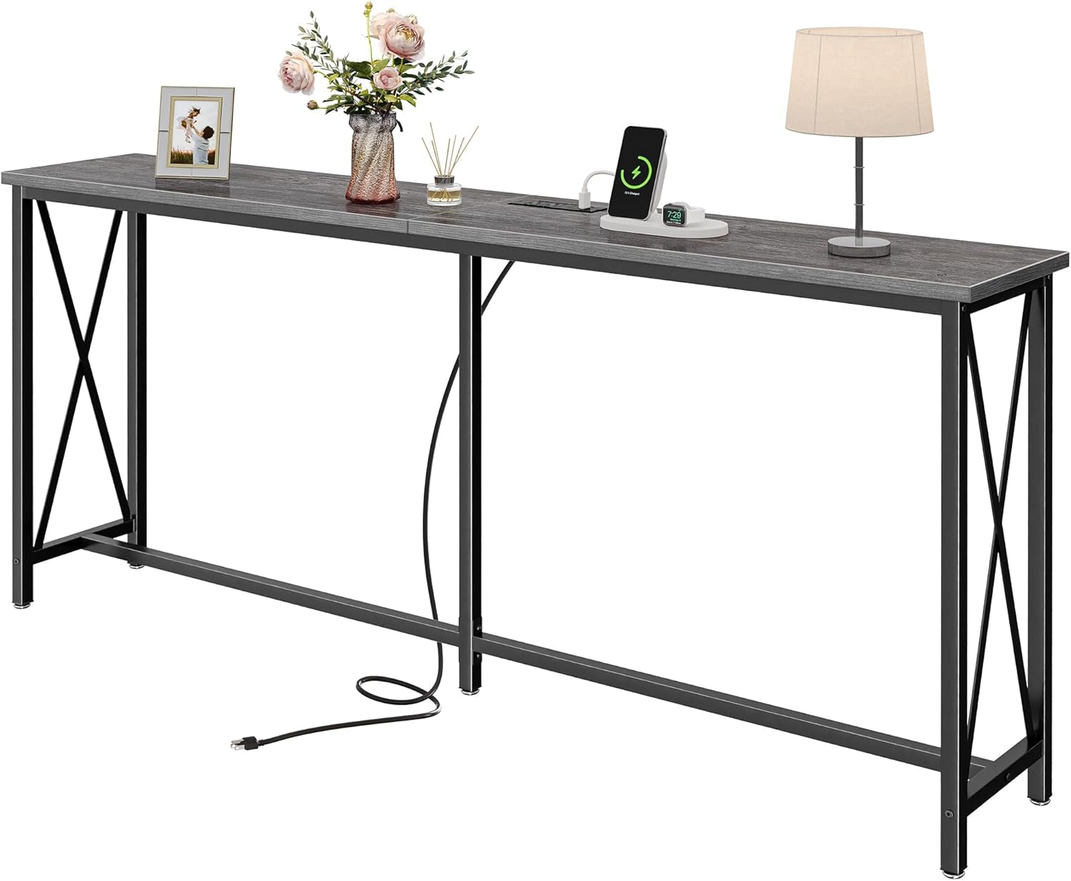70-Inch Console Table with Integrated Outlets and USB-C Port, Extra Long X-Shaped Design for Entryway and Living Room, Metal Frame with Wooden Top, Grey Finish