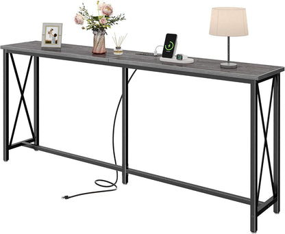 70-Inch Console Table with Integrated Outlets and USB-C Port, Extra Long X-Shaped Design for Entryway and Living Room, Metal Frame with Wooden Top, Grey Finish
