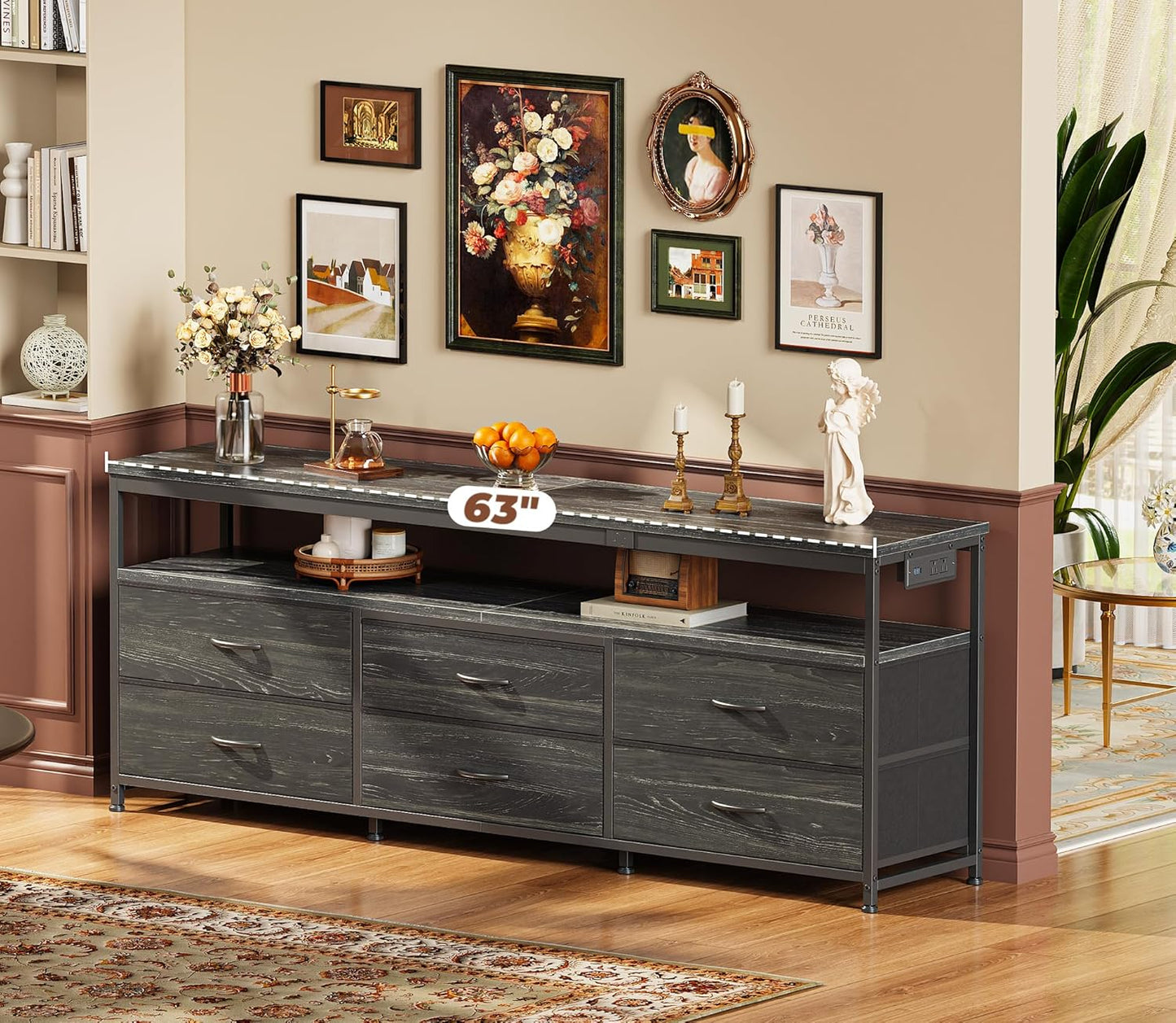 63-Inch Charcoal Black LED TV Stand for 55 to 70 Inch TVs, Multi-Functional Dresser with Power Outlets and Storage for Bedroom and Living Room