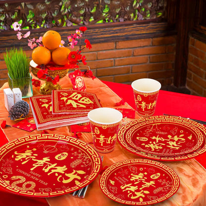 96 PCS Chinese New Year Decorations 2025, 24 SET Disposable Plates, Napkins, Cups & Paper Plates, Year of the Snake 2025 Lunar New Year Party Supplies