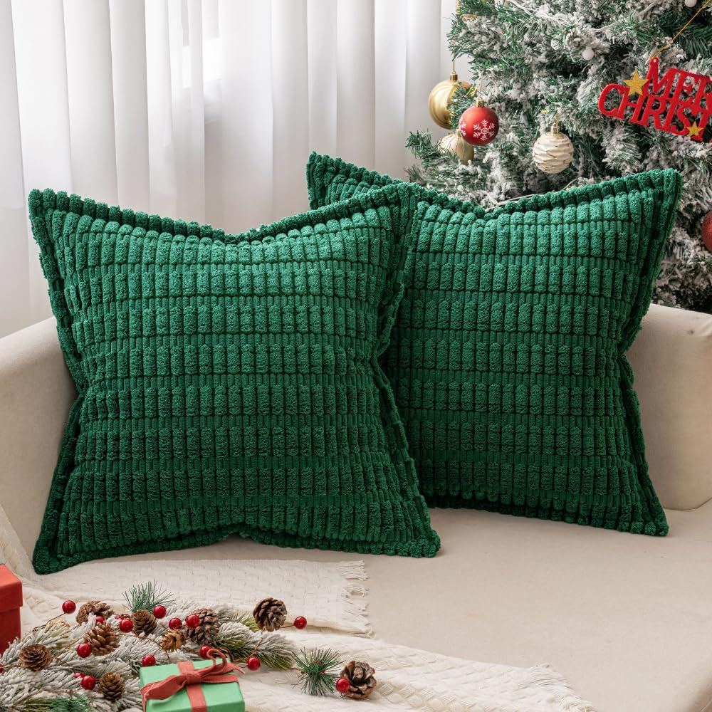Christmas Green Corduroy Decorative Throw Pillow Covers Pack of 2 Soft Striped Pillows Pillowcases with Broad Edge Winter Modern Boho Home Decor for Couch Sofa Bed Spring 18X18 Inch