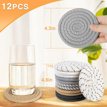 12 Pcs Boho Drink Coasters,Minimalist Cotton Handmade Woven Absorbent Drink Coasters,Heat Resistant Cotton Coasters for Coffee Table, Kitchen, Home Decoration