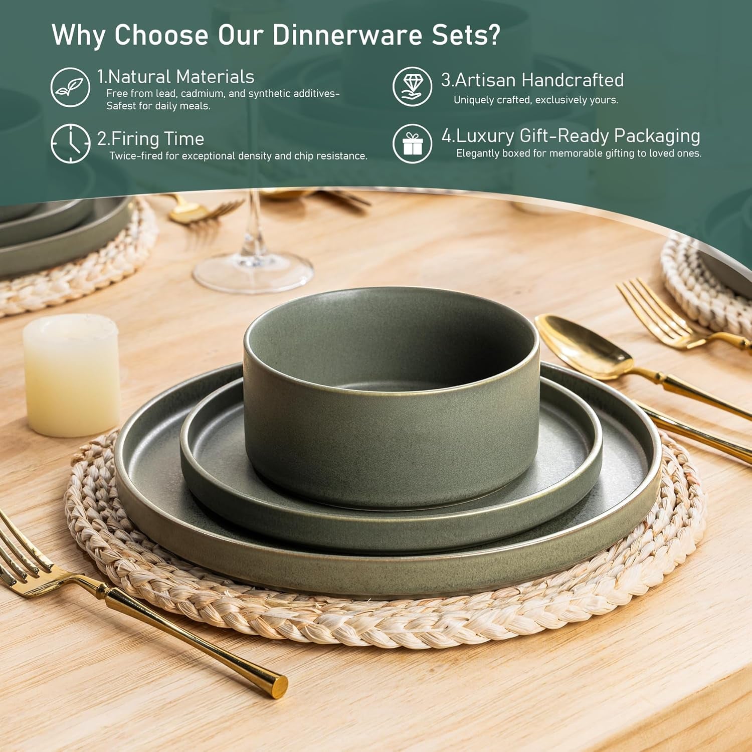 Ceramic Dinnerware Set for Four - Stoneware Plates and Bowls, Chip and Scratch Resistant, Dishwasher, Microwave, and Oven Safe, Reactive Glaze in Green