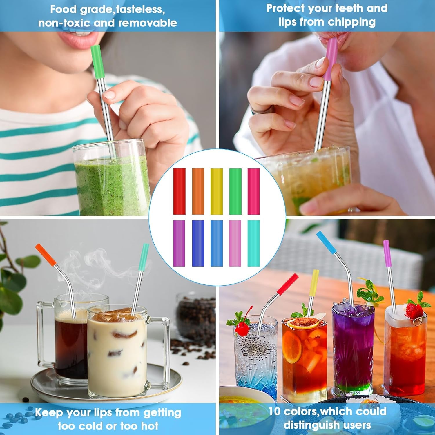 Set of 20 10.5" Reusable Bent Stainless Steel Straws with 20 Silicone Tips 5 Cleaning Brush 1 Travel Case Eco Friendly Extra Long Metal Straw Drinking for 20 24 30 Oz Tumbler