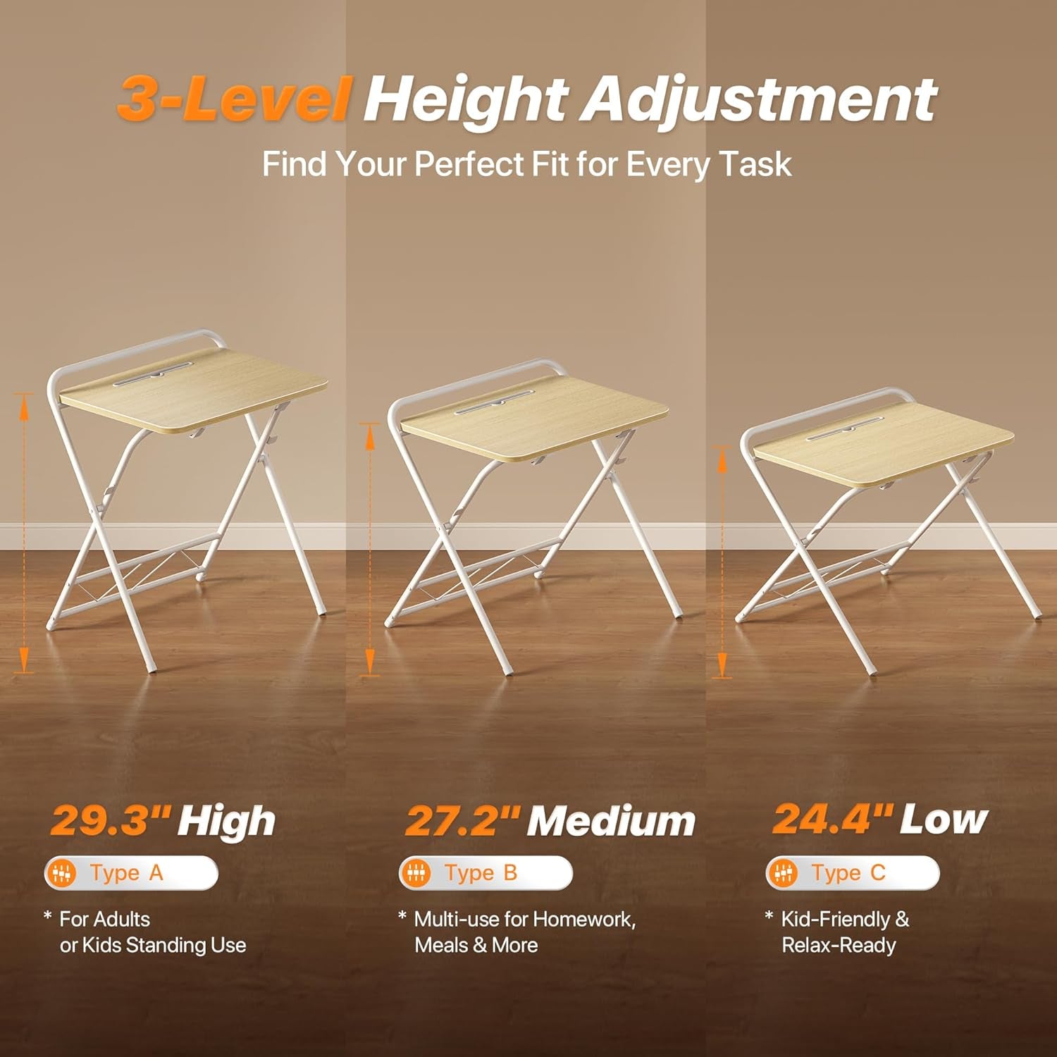 Adjustable Height Folding Desk with Tablet Slot, 24-Inch Compact Computer Desk for Small Spaces, Ideal for Home Office, Bedroom, and Study, Oak Finish
