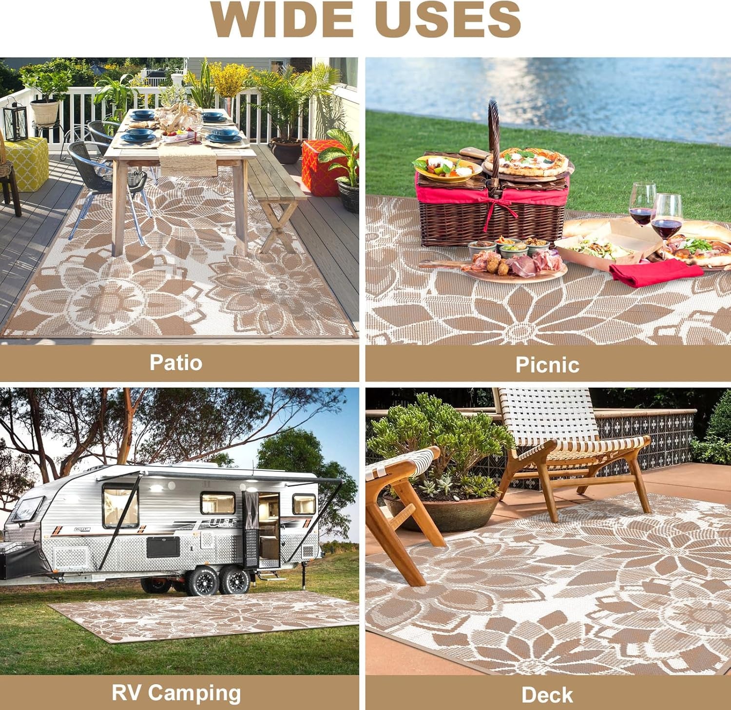 Reversible Waterproof Outdoor Rug for Patio, 6' x 9' Plastic Straw Area Mat, Ideal for RVs, Decks, Porches, Picnics, Beaches, and Balconies in Brown and White