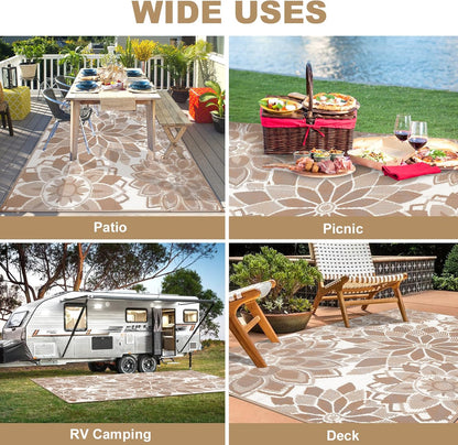 Reversible Waterproof Outdoor Rug for Patio, 6' x 9' Plastic Straw Area Mat, Ideal for RVs, Decks, Porches, Picnics, Beaches, and Balconies in Brown and White