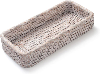 Rattan Bathroom Vanity Trays Toilet Tank Baskets Long Narrow Hand Towel Storage Basket for Storage, Decorative (Whitewash 10.2 X 4.9 X 1.6 Inch)