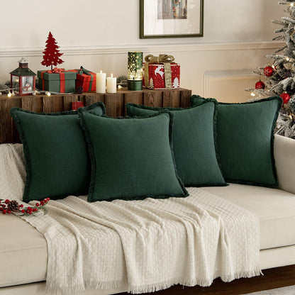 Linen Pillow Covers 18X18 Inch Dark Green Decorative Throw Pillows with Fringe Pack of 4 Soft Farmhouse Boho Couch Pillows Home Decors for Sofa Cushion Living Room Bed