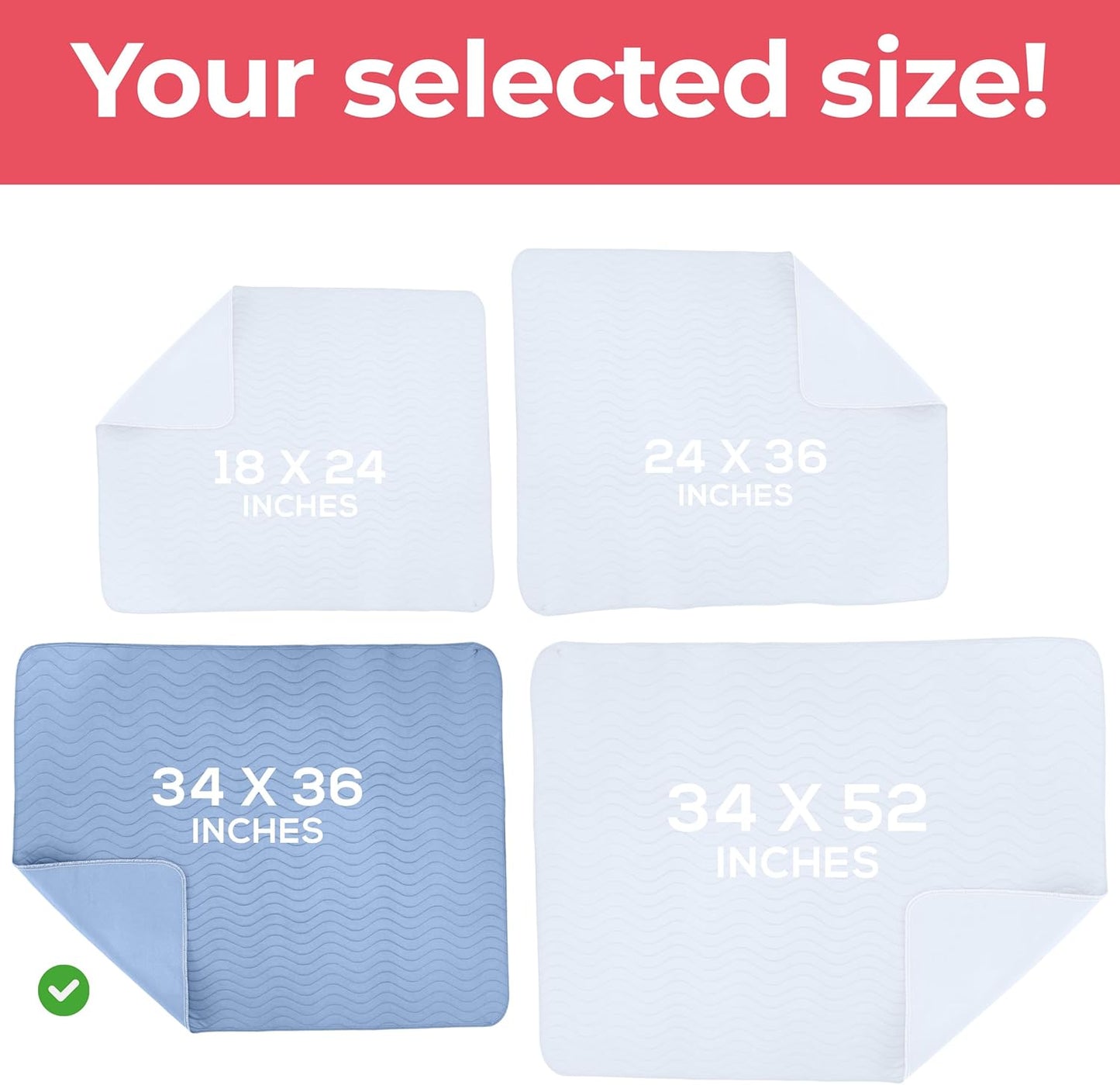 Washable Underpads 34" X 36" (Pack of 4), Waterproof Reusable Heavy Absorbency Incontinence Bed Pads for Adults, Kids, Elderly and Pets, Bedwetting Pads for Sofa and Couch (Blue)