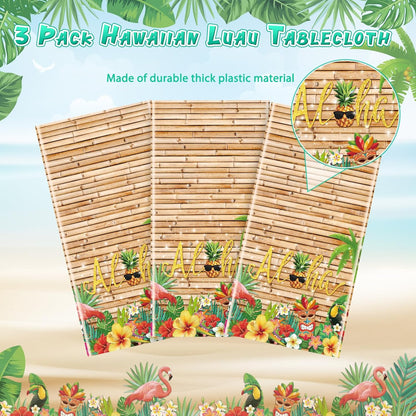 3Pcs Hawaiian Luau Tablecloth Tiki Party Tablecloths Tropical Table Cloth Plastic Disposable Rectangle Table Covers for Tiki Bar Tropical Summer Beach Pool Birthday Party Decorations ,108X 54 Inch