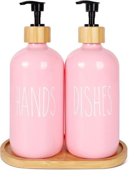 16 OZ Pink Soap Dispenser Women,2 Pack Glass Refillable Dish and Hand Bottles Set Pump Bottle,House Decor Kitchen Accessories with Wooden Pallet Girly