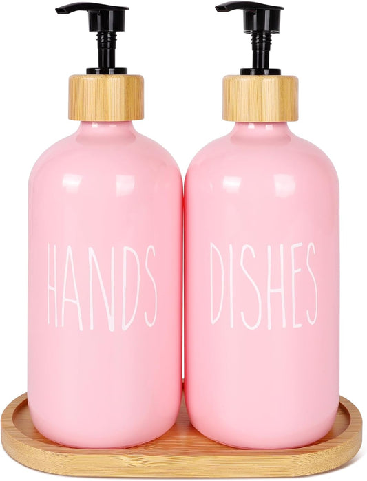 16 OZ Pink Soap Dispenser Women,2 Pack Glass Refillable Dish and Hand Bottles Set Pump Bottle,House Decor Kitchen Accessories with Wooden Pallet Girly