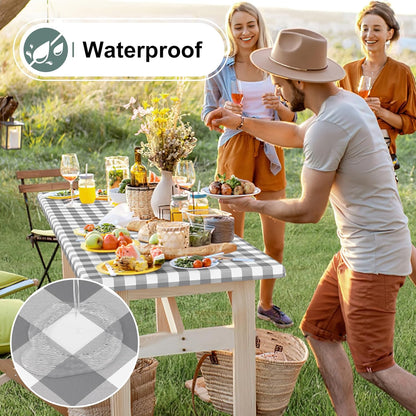Buffalo Rectangle Picnic Tablecloth, 6 Foot Elastic Fitted Vinyl Table Cloth with Flannel Backing, Waterproof Plaid Table Covers for Dining, Camping, Outdoor (Grey and White, 30" X 72")