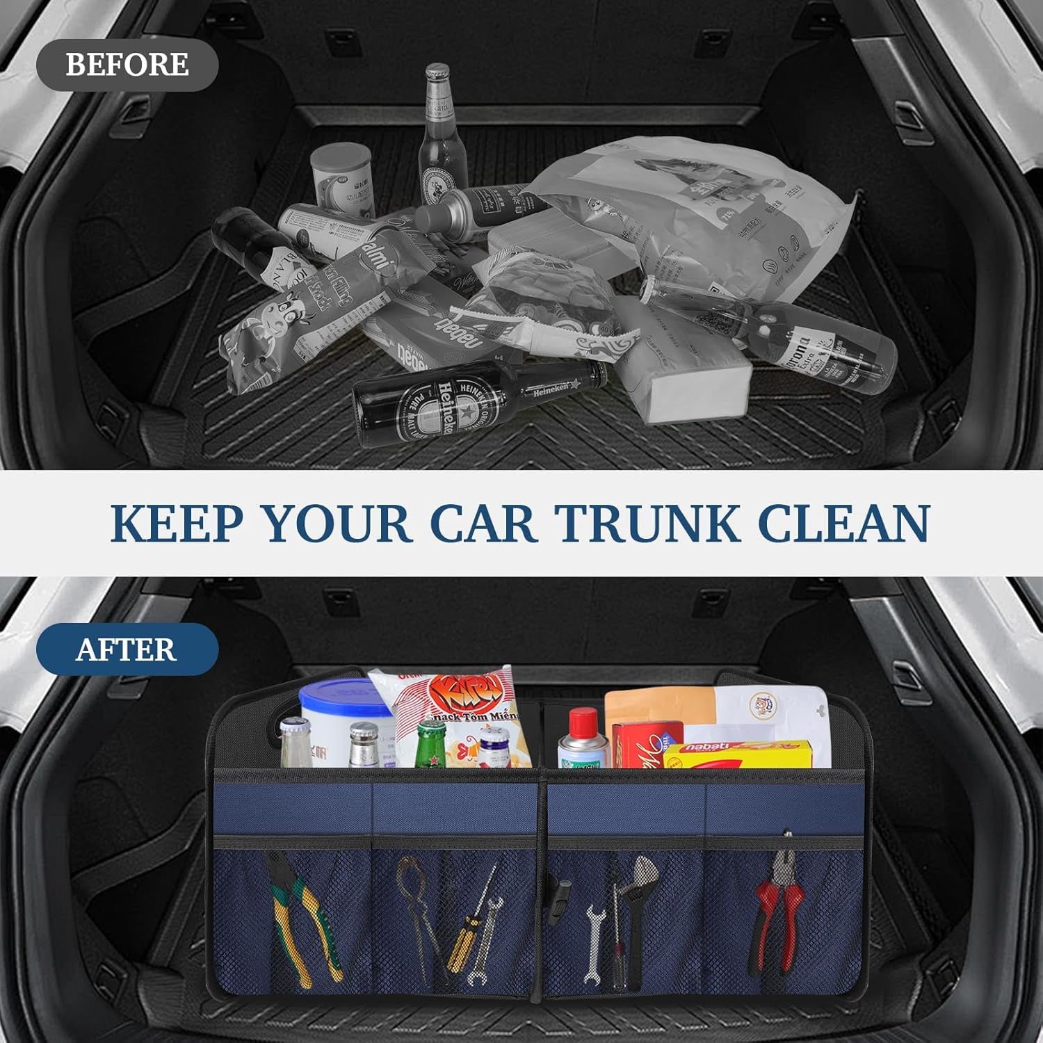 Car Trunk Organizer, Collapsible, Waterproof, Non-Slip, Blue, 52L, 5 Compartments, Rectangular, Portable, Practical/Functional