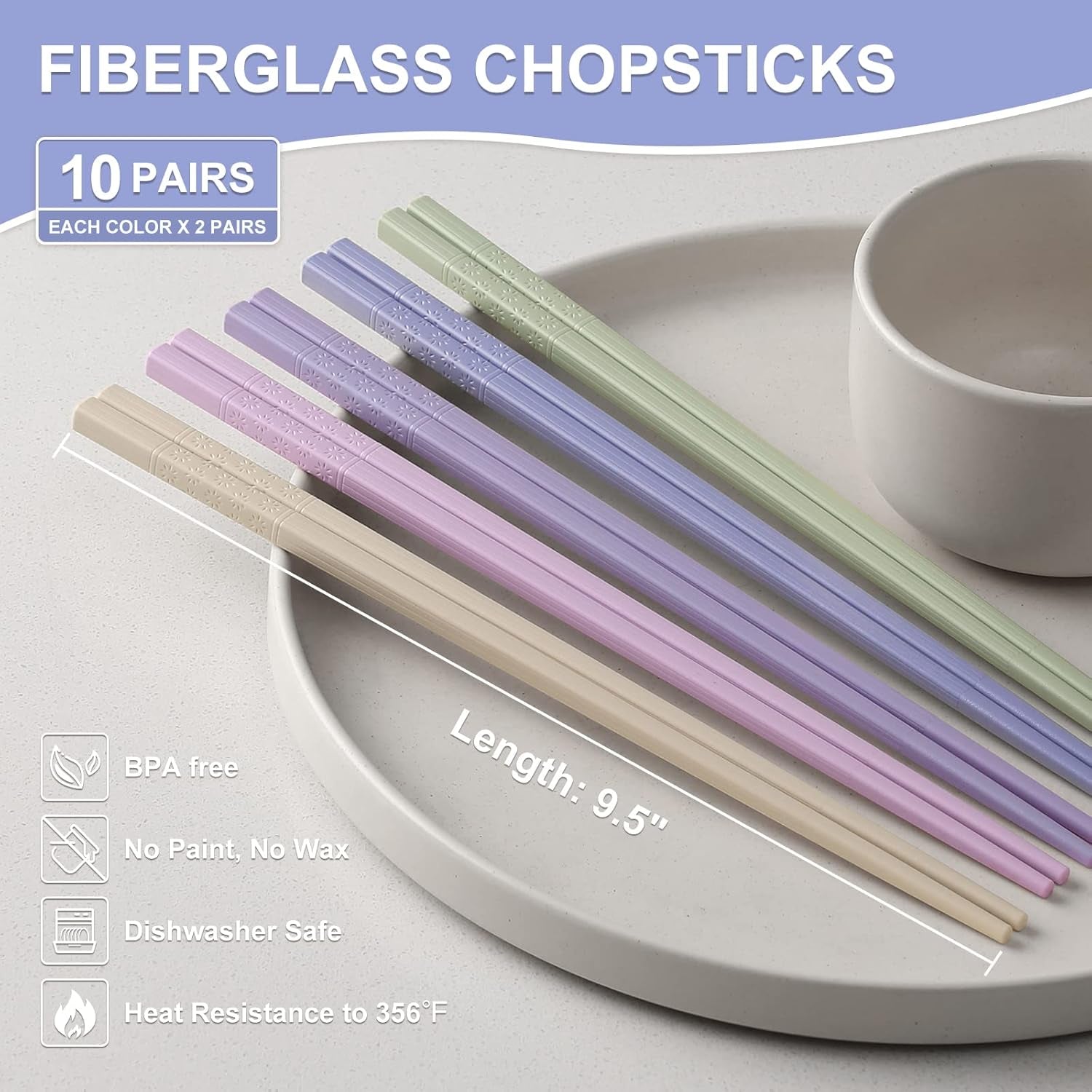 10-Pair Reusable Fiberglass Chopsticks, Non-Slip Chop Sticks Set Japanese Style, Dishwasher Safe, 9.5-Inch
