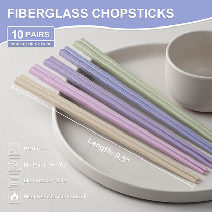 10-Pair Reusable Fiberglass Chopsticks, Non-Slip Chop Sticks Set Japanese Style, Dishwasher Safe, 9.5-Inch