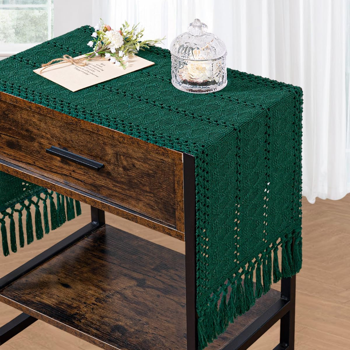 Macrame Table Runner 12 X 36 Inches Boho Farmhouse Table Runner with Tassels Cotton Linen Woven Table Runner for Spring Dining Table Home Decor, Emerald Green