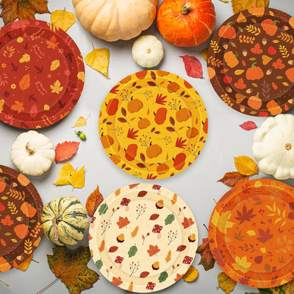 50 PCS Thanksgiving Paper Plates, 9" Disposable Thanksgiving Plates, 5 Styles Fall Party Tableware with Maple Leaves Pumpkins, Harvest Party Plates for Autumn Dinnerware Party Supplies