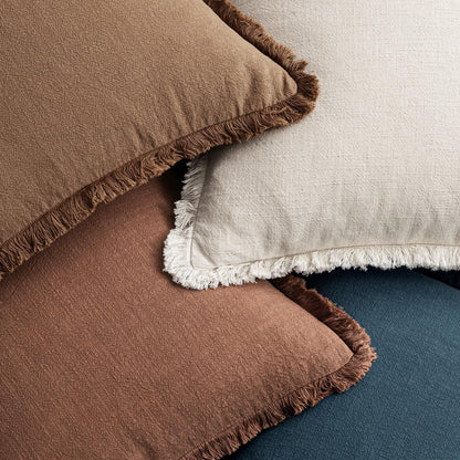 Set of 4 Neutral Linen Fringe Decorative Couch Pillow Covers - Modern Rustic Boho Farmhouse Cushions for Living Room and Bedroom Decor, 18x18 Inches, Beige/Brown/Blue