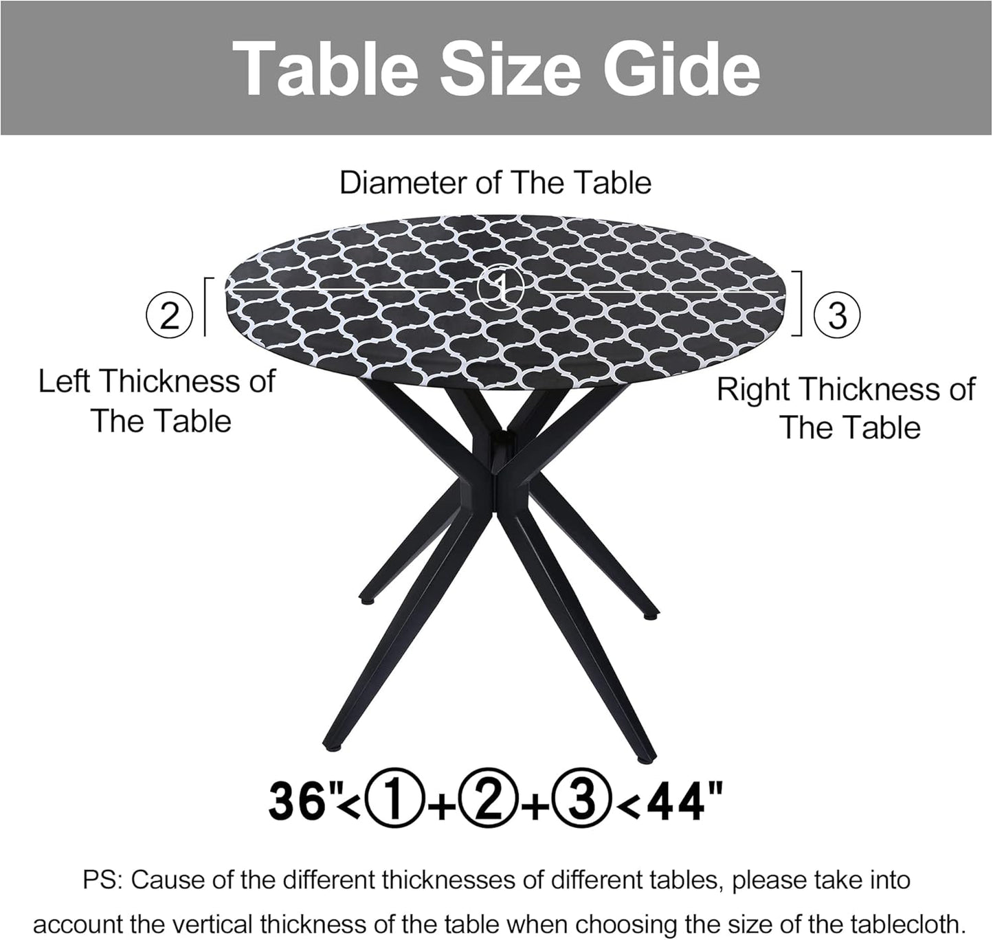 round Picnic Tablecloth, Waterproof Elastic Fitted Table Covers for 36" - 44" Tables, Wipeable Flannel Backed Vinyl Tablecloths for Camping, Indoor, Outdoor, Black & White
