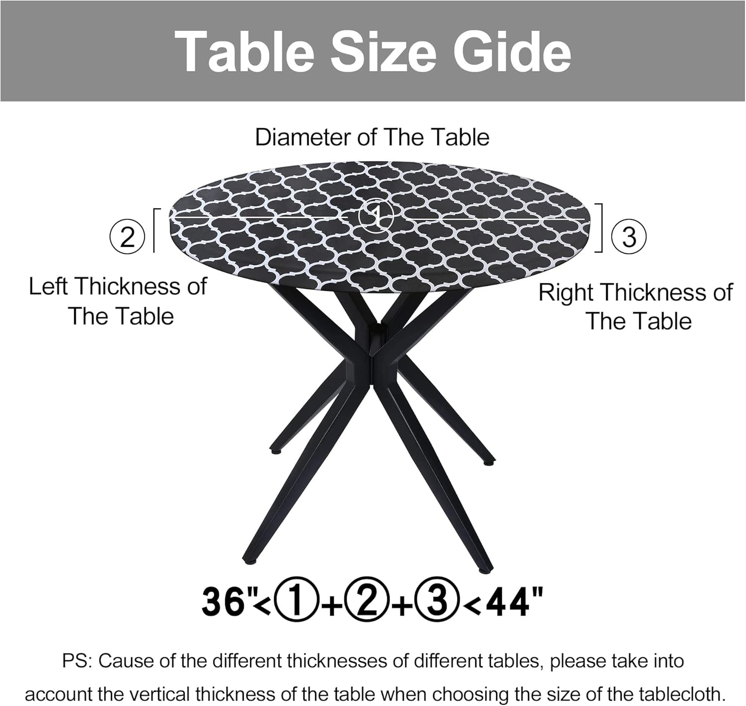 round Picnic Tablecloth, Waterproof Elastic Fitted Table Covers for 36" - 44" Tables, Wipeable Flannel Backed Vinyl Tablecloths for Camping, Indoor, Outdoor, Black & White