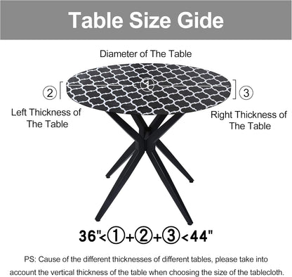 round Picnic Tablecloth, Waterproof Elastic Fitted Table Covers for 36" - 44" Tables, Wipeable Flannel Backed Vinyl Tablecloths for Camping, Indoor, Outdoor, Black & White