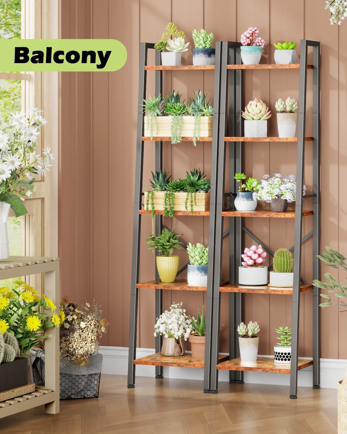 5 Tier Ladder Shelf Bookcase, Tall Narrow Bookshelf with 2 Hooks, Rustic Brown Bathroom Corner Book Shelf, Metal Wood Book Case Standing Unit, Display Shelf for Living Room Office Kitchen