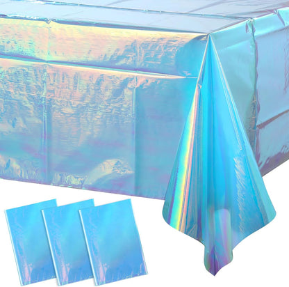3 Pack Iridescent Blue Plastic Tablecloth,Shiny Blue Disposable Laser Rectangle Table Covers,Blue Holographic Foil Tablecloth Party Decorations for Birthday,40X108''