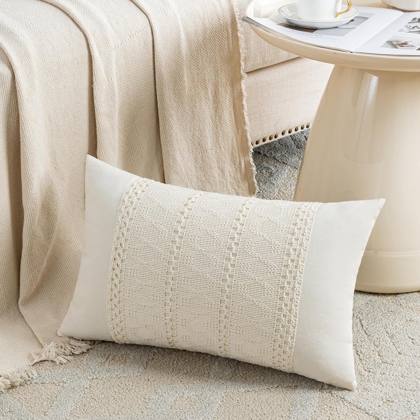 Set of 1 Boho Cream Lumbar Decorative Throw Pillow Cover 12X20 Inch for Couch Bed Sofa Chair, Modern Organic Farmhouse Home Decor, Soft Cotton Cute Accent Rectangle Cushion Case