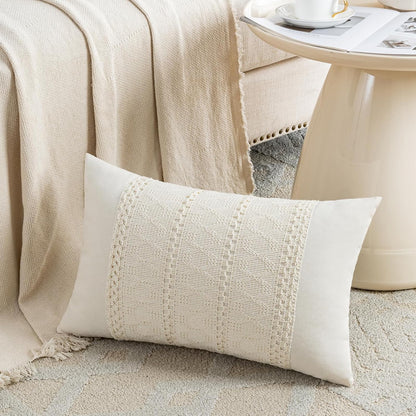 Set of 1 Boho Cream Lumbar Decorative Throw Pillow Cover 12X20 Inch for Couch Bed Sofa Chair, Modern Organic Farmhouse Home Decor, Soft Cotton Cute Accent Rectangle Cushion Case