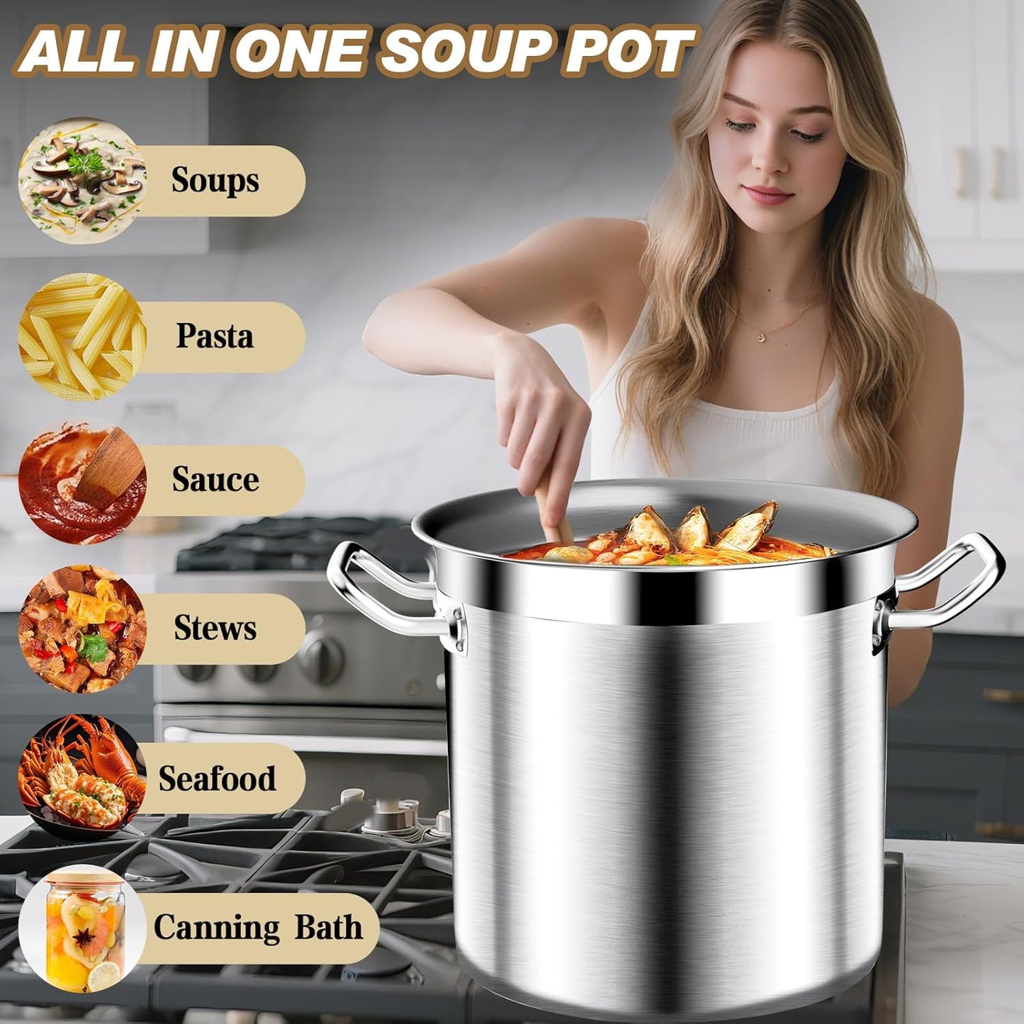 24QT Stainless Steel Stock Pot with Lid - Heavy-Duty Tri-Ply Bottom Commercial Grade for Soup, Stew, and Pasta, Compatible with Oven, Gas, and Ceramic, Dishwasher Safe