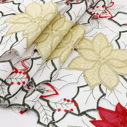 Christmas Linen Textured Table Runner 14X72 Inches Long, Embroidered Red Poinsettia Flower Table Runner for Christmas, Xmas Dresser Scarves Holiday Parties Kitchen Farmhouse Dinner Decor