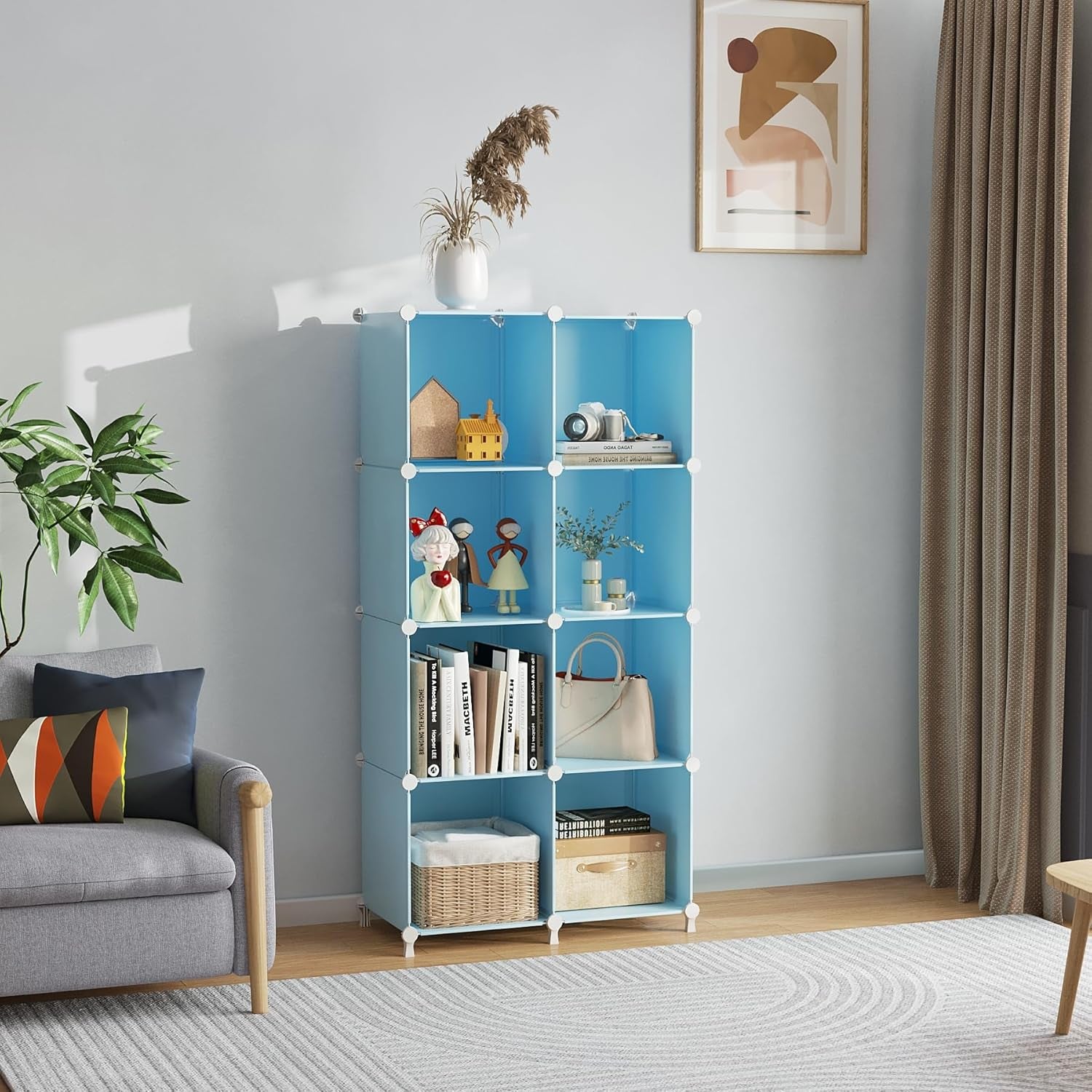 8 Cube Storage Organizer, Closet Organizer Storage Shelf, Bookcase Bookshelf, DIY Stackable Storage Cubes Shelves for Closet, Bedroom, Home, Office, Blue